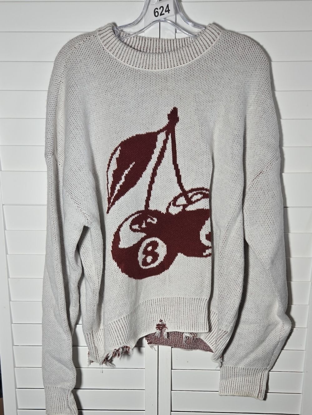 PacSun Cream Crewneck Sweater with Burgundy Cherry Motif Size M